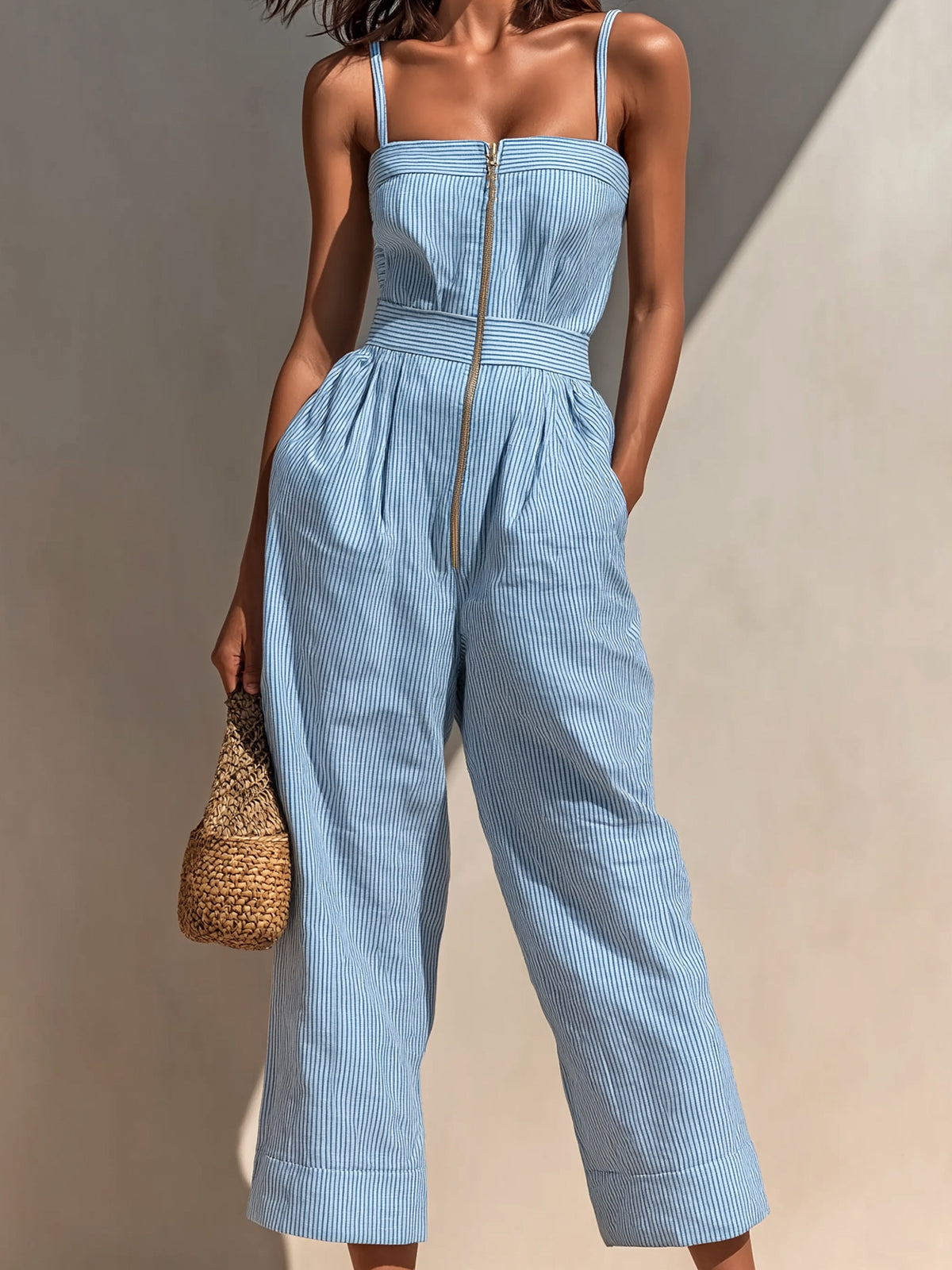 Chic Elegant Blue-White Pinstripe Cotton-Linen Blend Strappy Sleeveless Zipper-Front Wide-Leg Jumpsuit