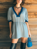 Chic Casual Blue Colorblock V-Neck Short-Sleeve Loose-Fit Elastic-Waist Cotton Blend Mini Dress