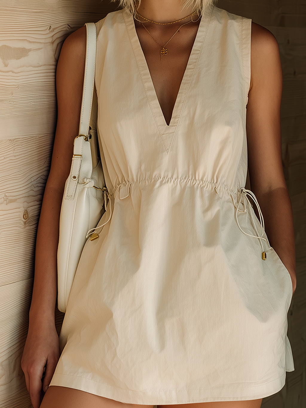 Chic Casual  White V-Neck Sleeveless Loose-Fit Elastic-Waist Cotton Blend Mini Dress