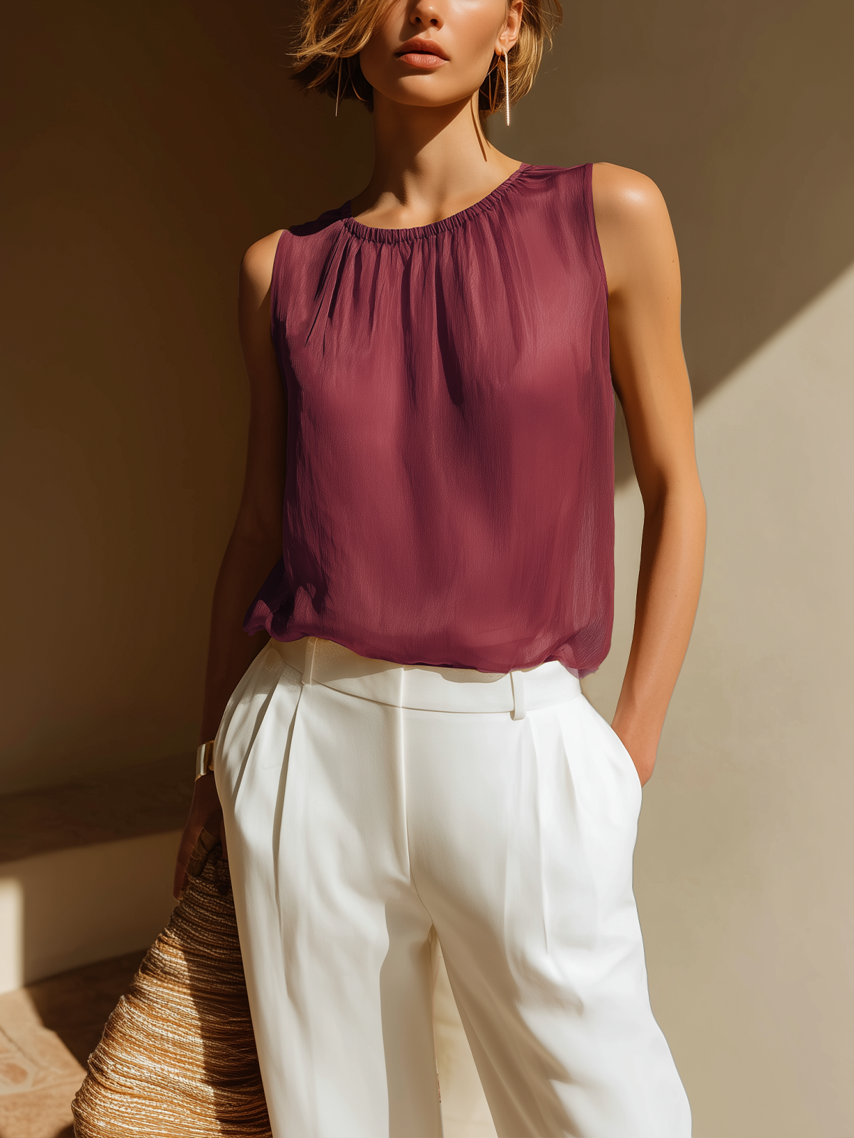 Chic Elegant Camel Round-Neck Sleeveless Loose-Fit Chiffon Vest