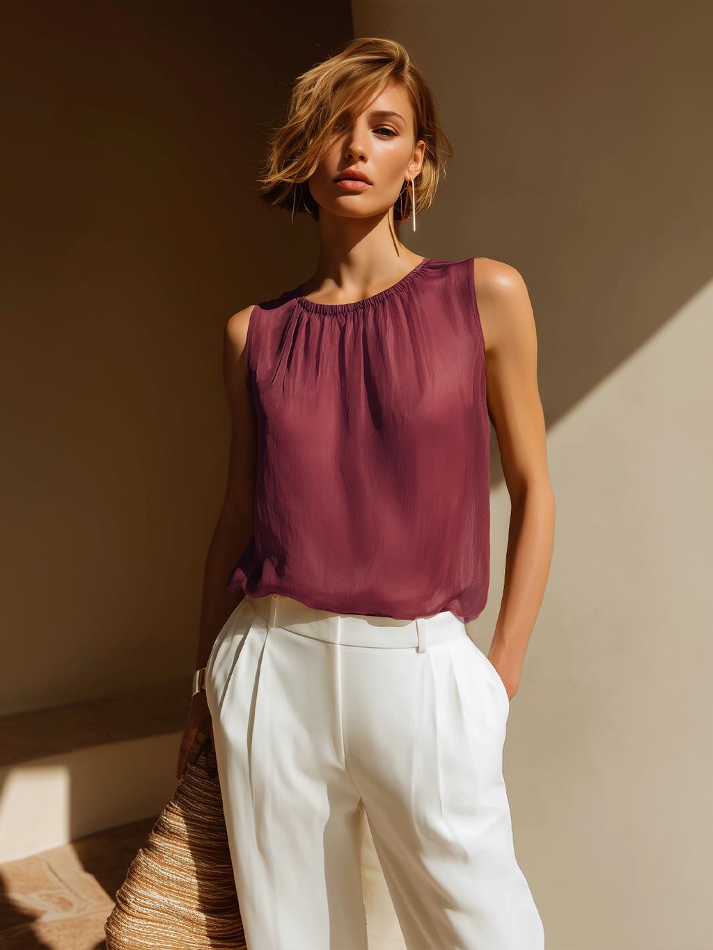 Chic Elegant Camel Round-Neck Sleeveless Loose-Fit Chiffon Vest