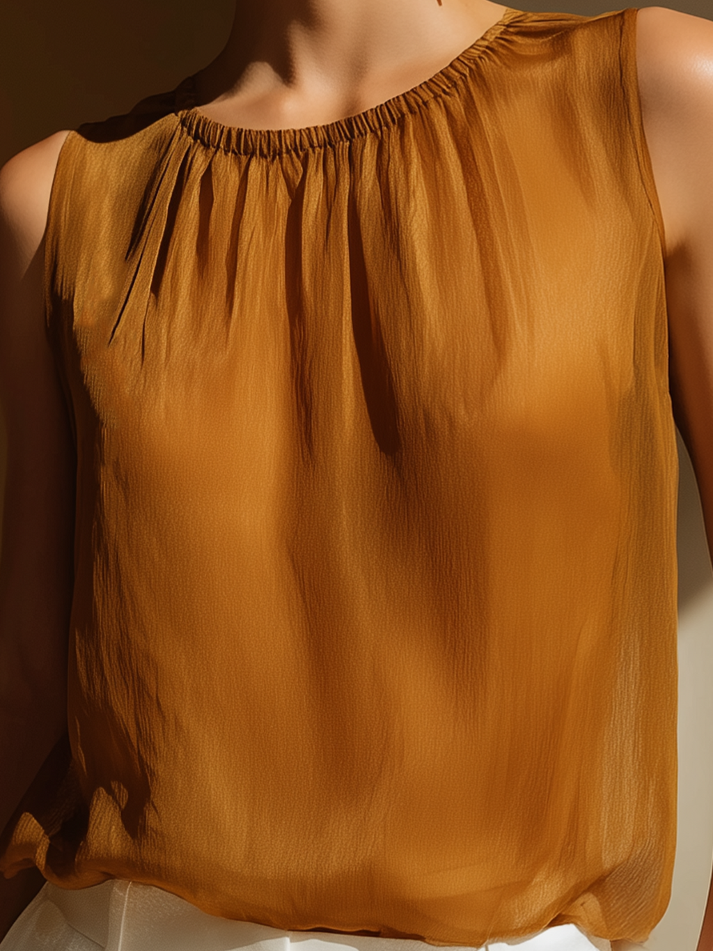 Chic Elegant Camel Round-Neck Sleeveless Loose-Fit Chiffon Vest