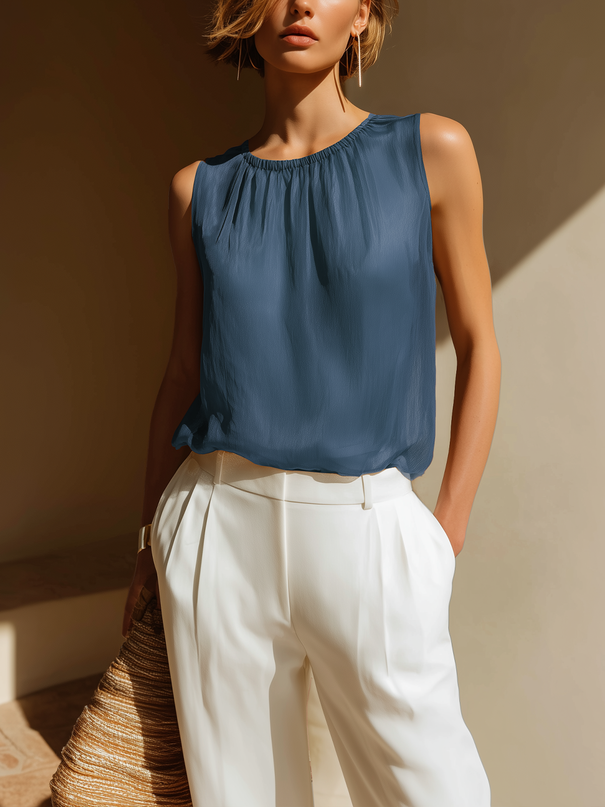 Chic Elegant Camel Round-Neck Sleeveless Loose-Fit Chiffon Vest