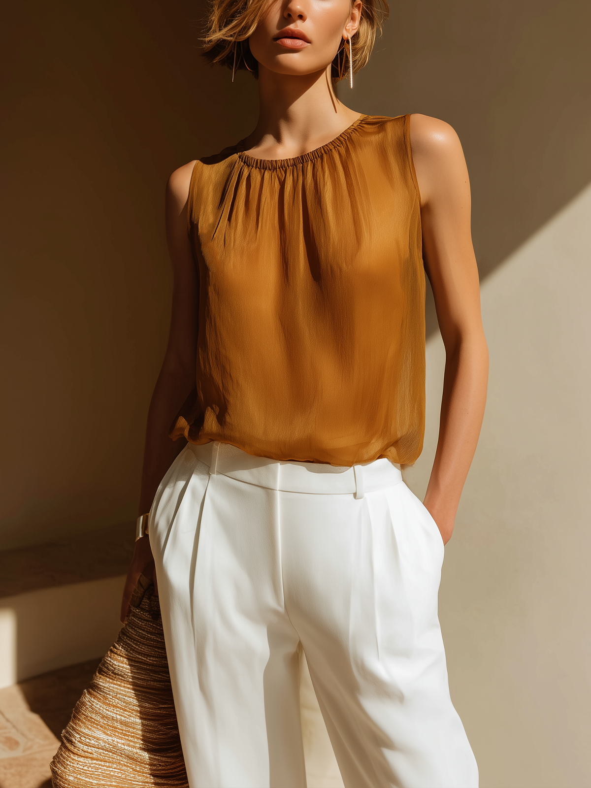 Chic Elegant Camel Round-Neck Sleeveless Loose-Fit Chiffon Vest