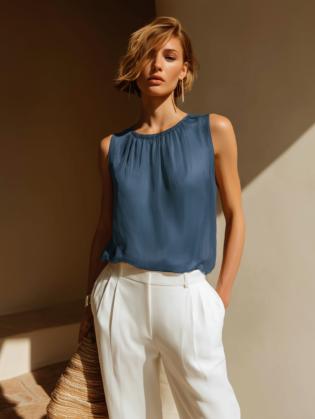 Chic Elegant Camel Round-Neck Sleeveless Loose-Fit Chiffon Vest