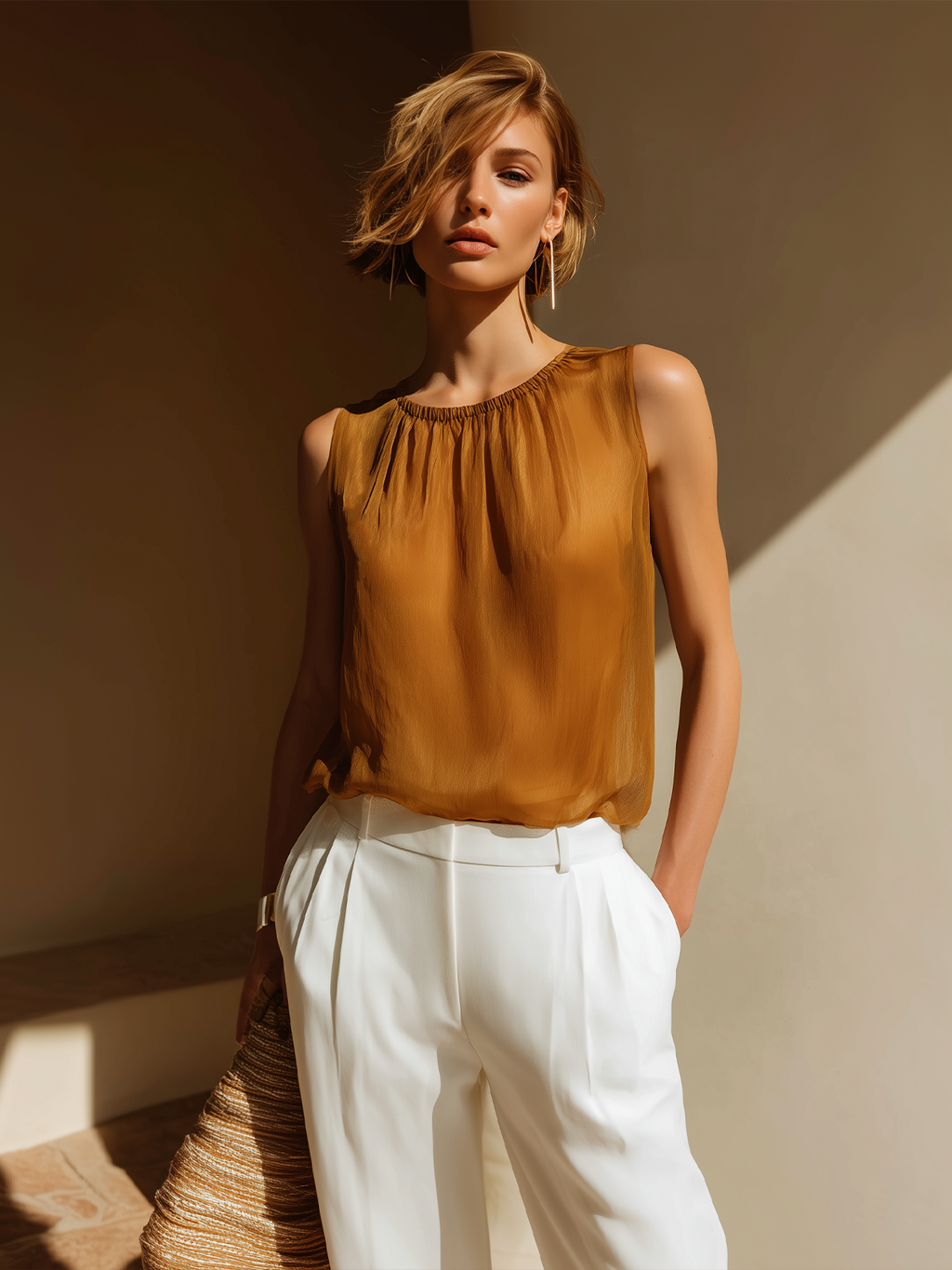 Chic Elegant Camel Round-Neck Sleeveless Loose-Fit Chiffon Vest