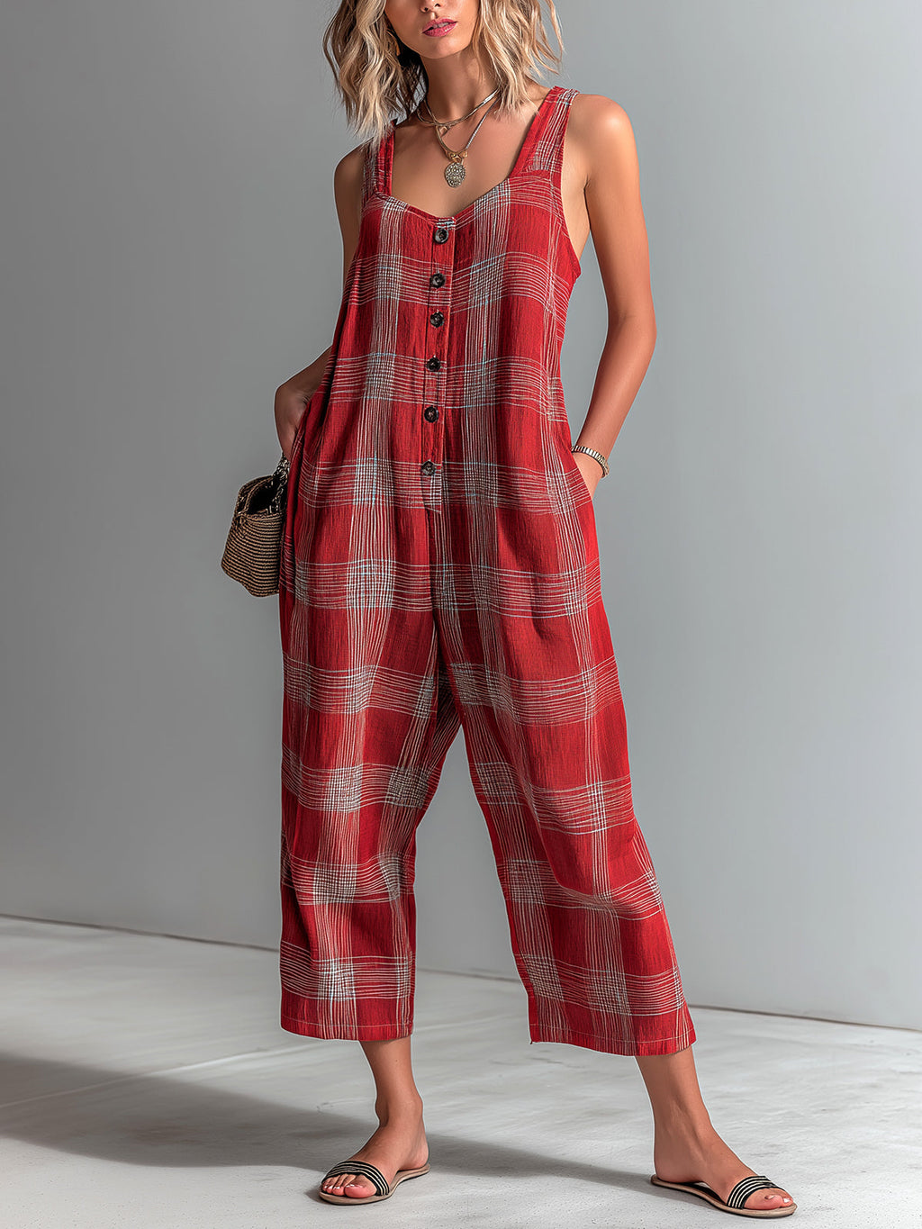 Chic Casual Red Plaid Linen Blend Diamond-Neck Sleeveless Button-Front Loose-Fit Jumpsuit