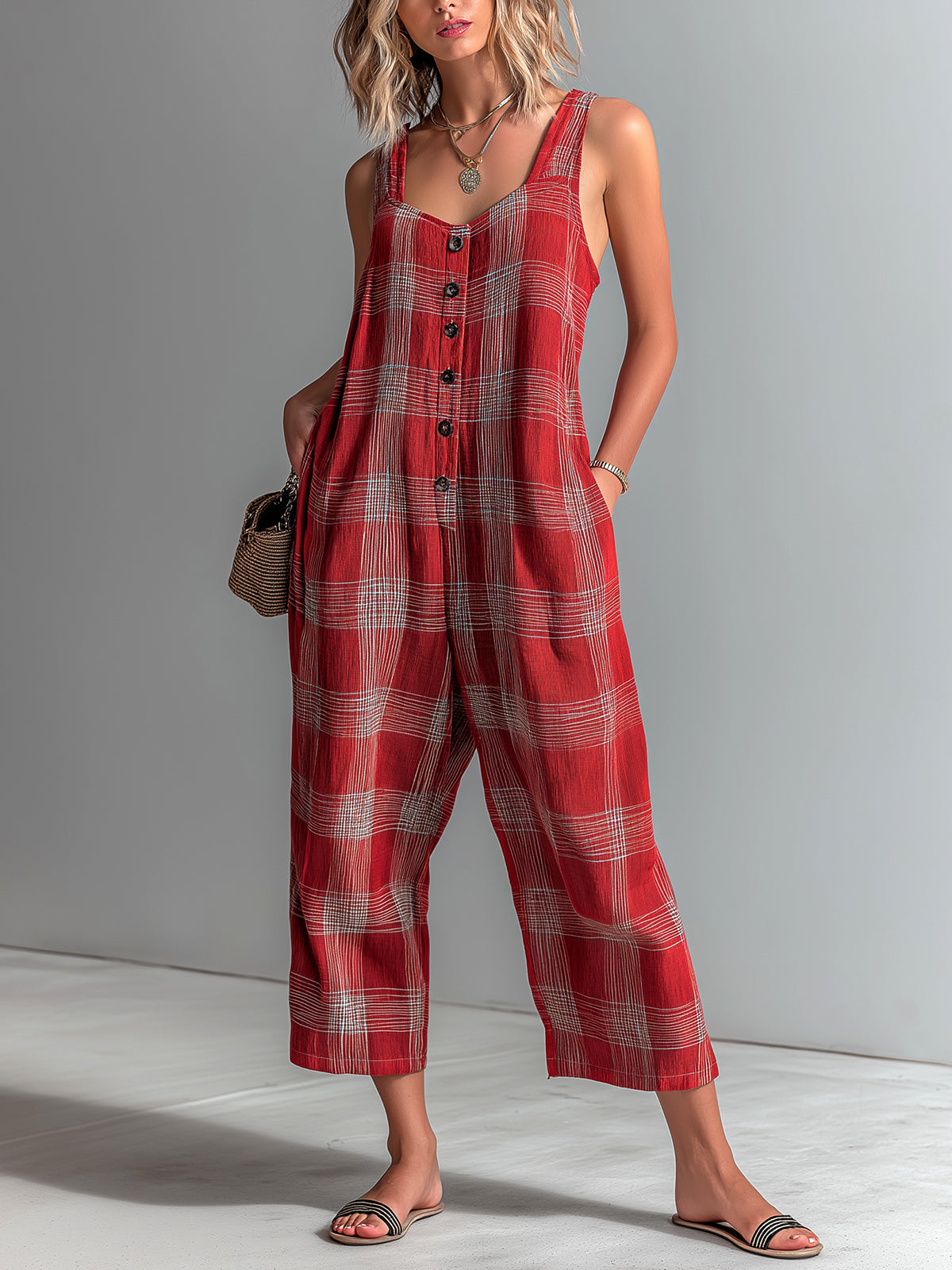 Chic Casual Red Plaid Linen Blend Diamond-Neck Sleeveless Button-Front Loose-Fit Jumpsuit