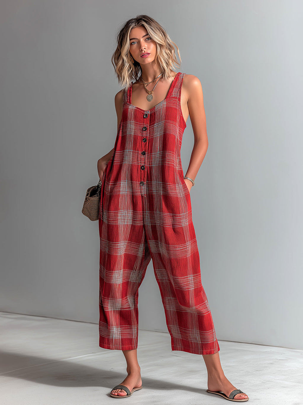 Chic Casual Red Plaid Linen Blend Diamond-Neck Sleeveless Button-Front Loose-Fit Jumpsuit