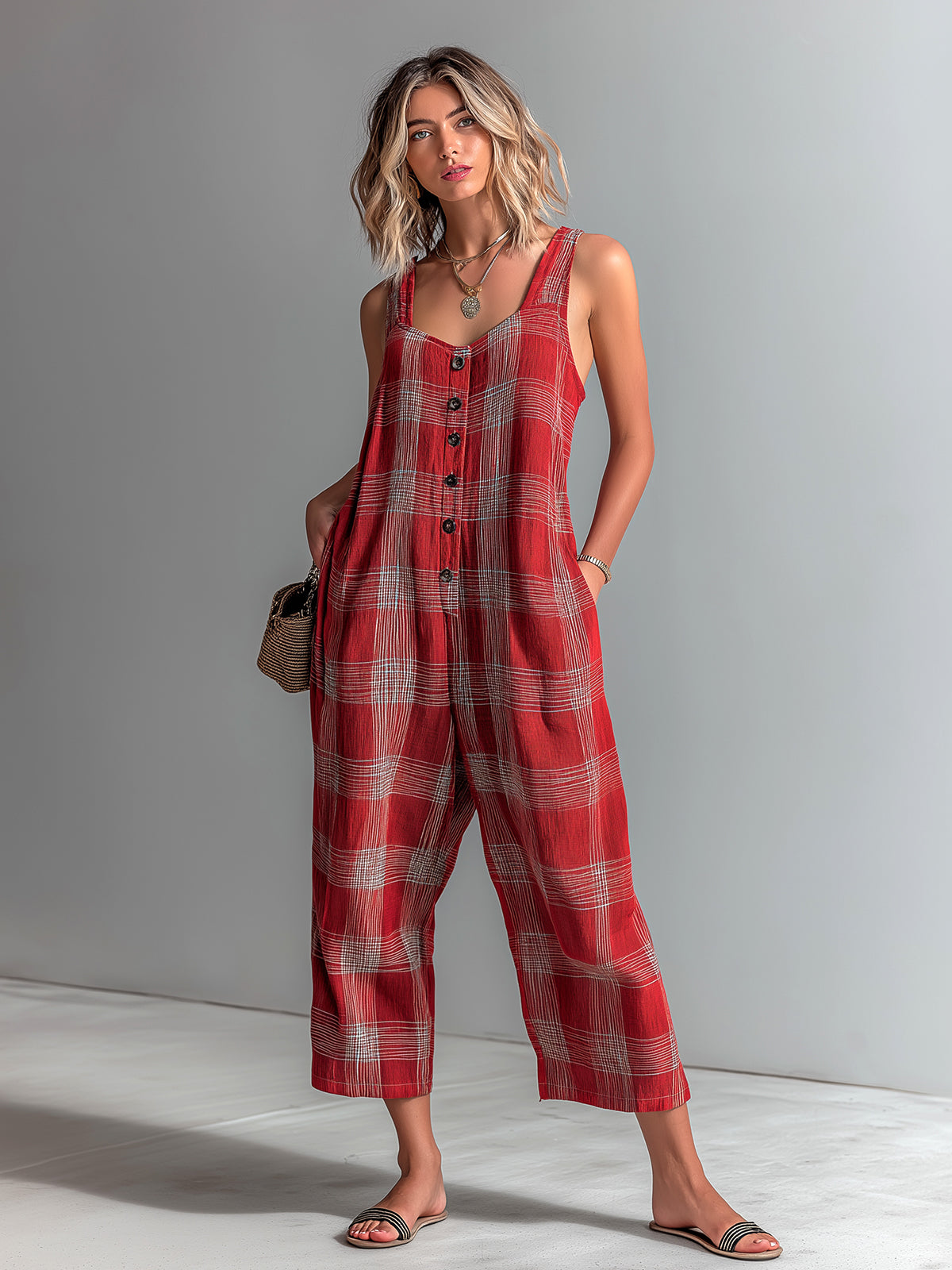 Chic Casual Red Plaid Linen Blend Diamond-Neck Sleeveless Button-Front Loose-Fit Jumpsuit
