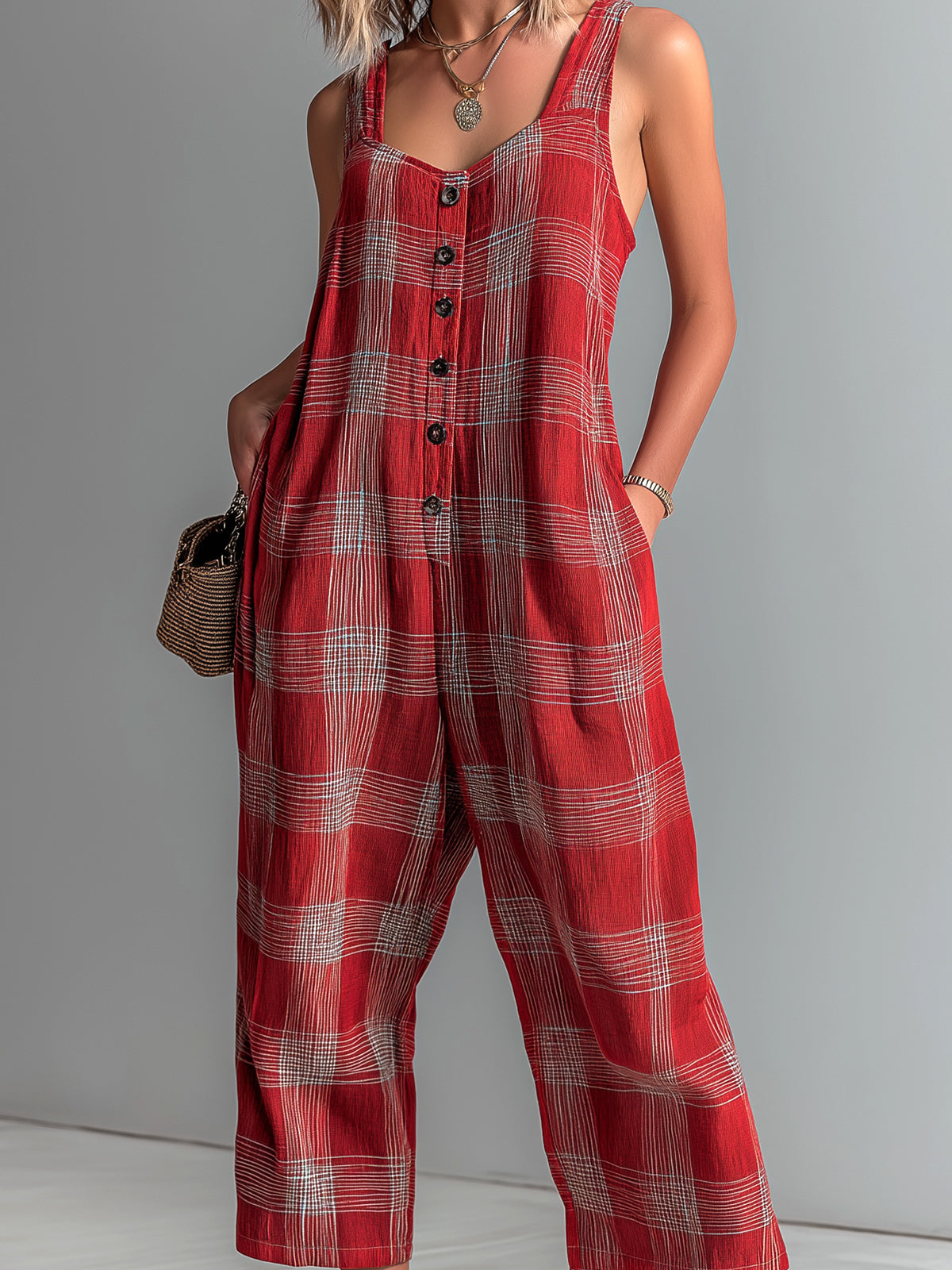 Chic Casual Red Plaid Linen Blend Diamond-Neck Sleeveless Button-Front Loose-Fit Jumpsuit
