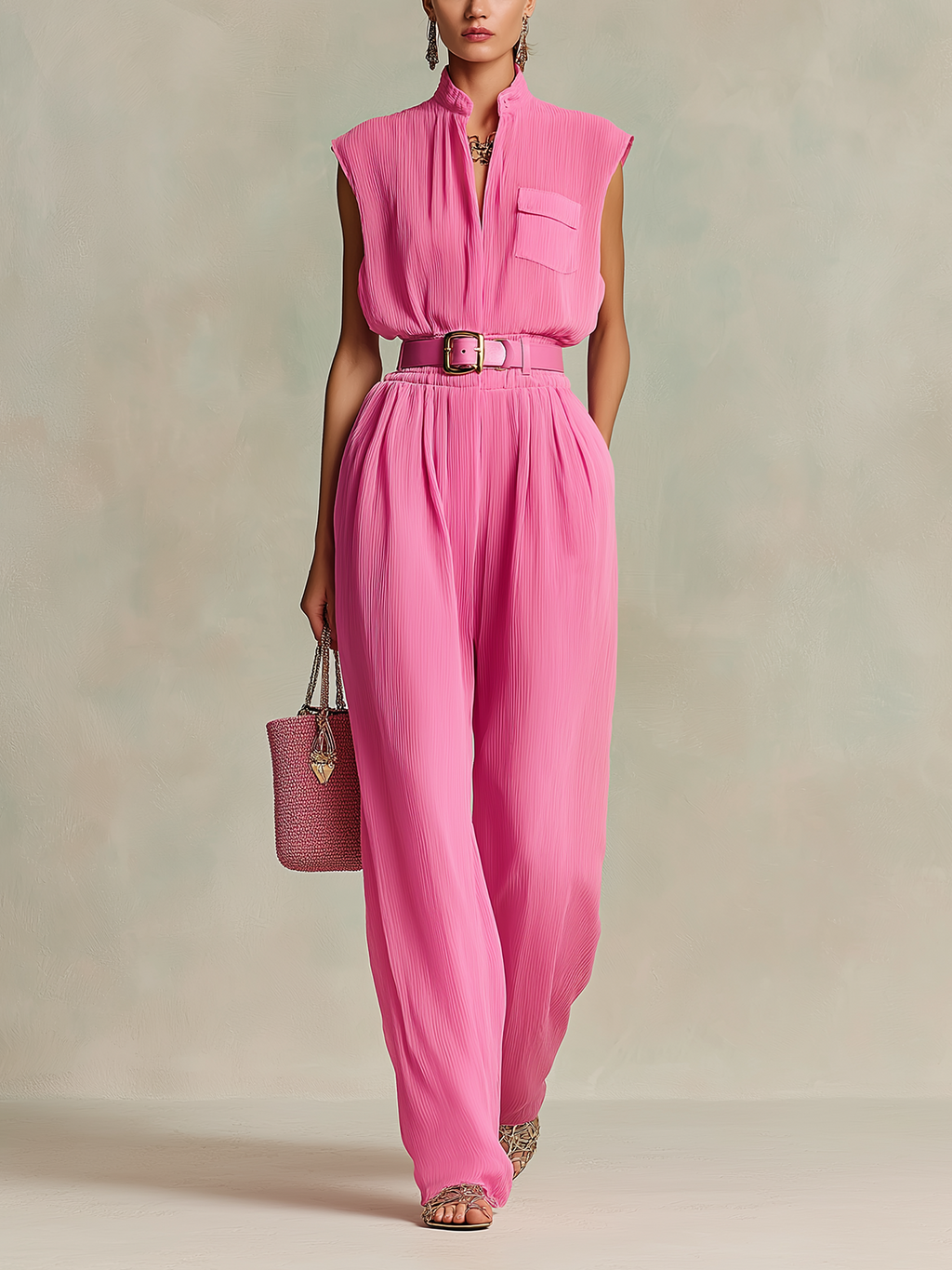 Chic Elegant Hot Pink Zipper-Up Lapel Collar V-Neck Sleeveless Slim-Fit Waist Tie Chiffon Wide-Leg Jumpsuit