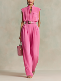 Chic Elegant Hot Pink Zipper-Up Lapel Collar V-Neck Sleeveless Slim-Fit Waist Tie Chiffon Wide-Leg Jumpsuit