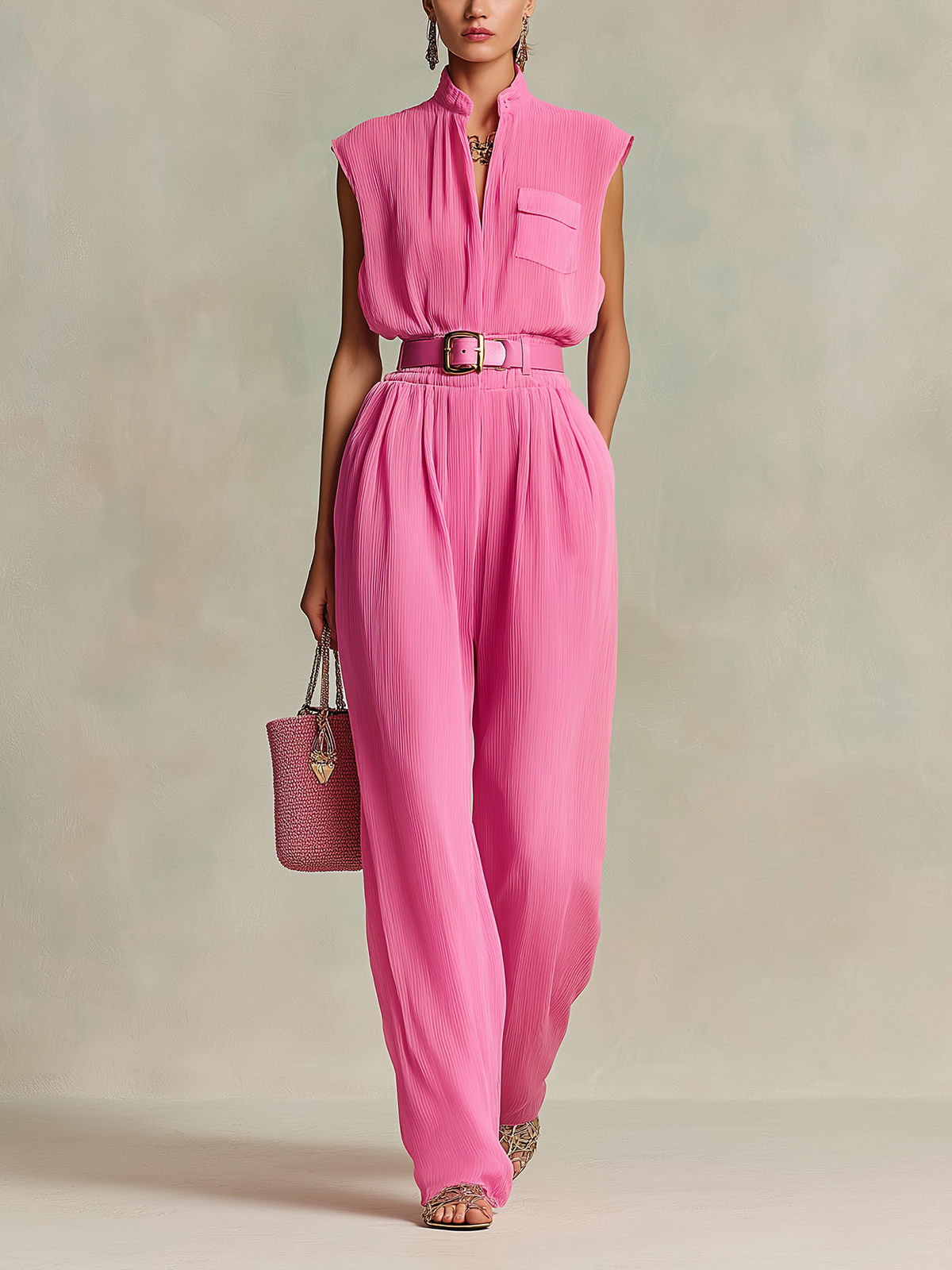 Chic Elegant Hot Pink Zipper-Up Lapel Collar V-Neck Sleeveless Slim-Fit Waist Tie Chiffon Wide-Leg Jumpsuit