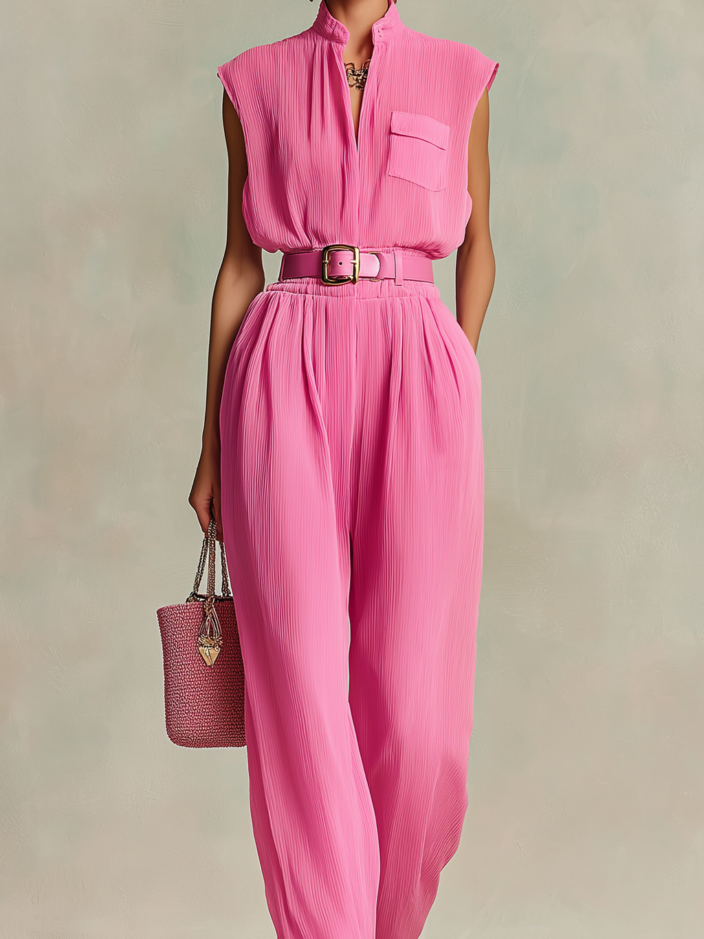 Chic Elegant Hot Pink Zipper-Up Lapel Collar V-Neck Sleeveless Slim-Fit Waist Tie Chiffon Wide-Leg Jumpsuit