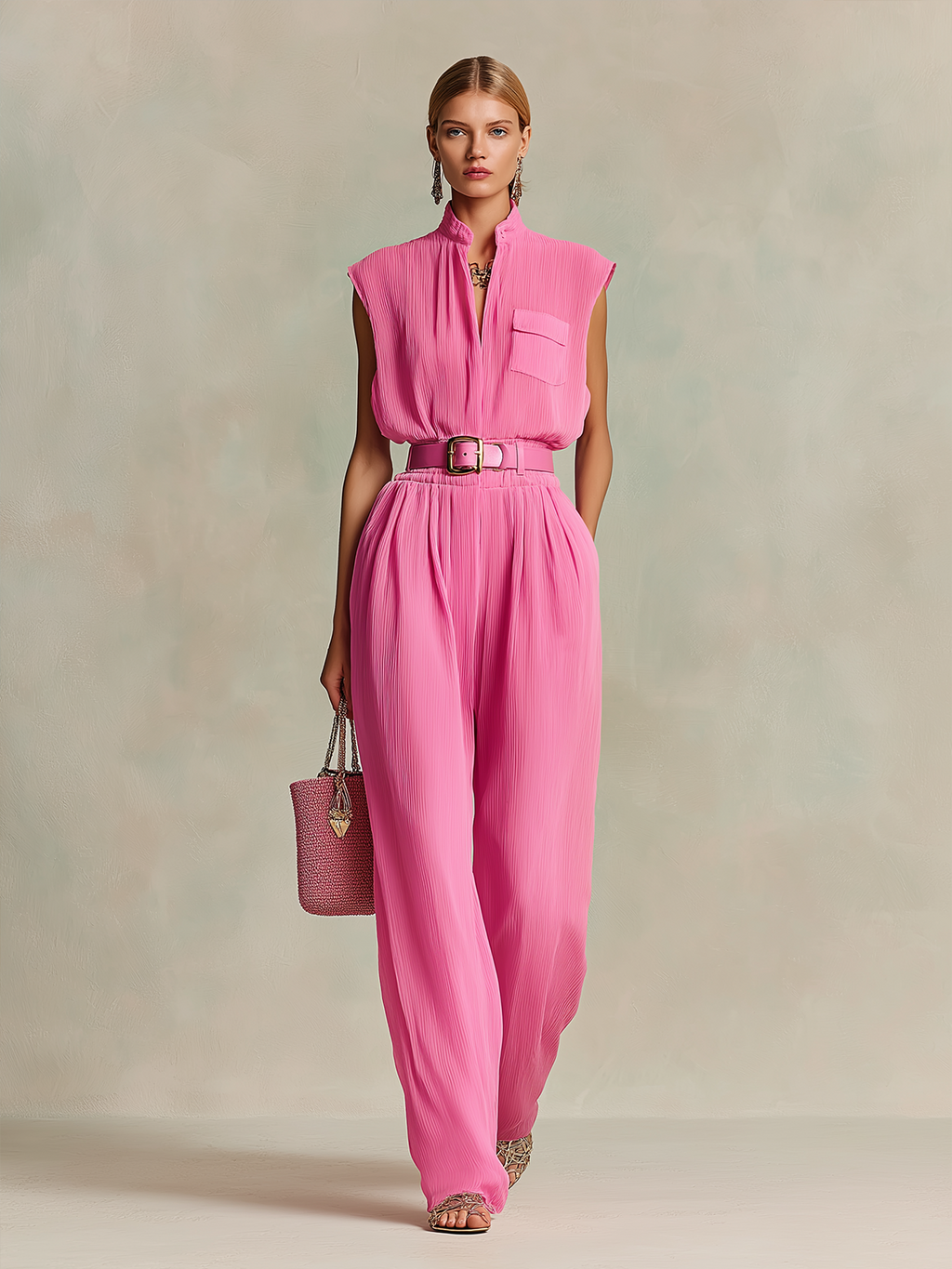 Chic Elegant Hot Pink Zipper-Up Lapel Collar V-Neck Sleeveless Slim-Fit Waist Tie Chiffon Wide-Leg Jumpsuit