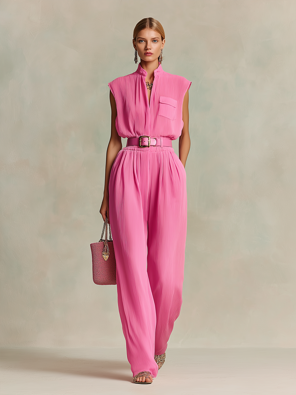 Chic Elegant Hot Pink Zipper-Up Lapel Collar V-Neck Sleeveless Slim-Fit Waist Tie Chiffon Wide-Leg Jumpsuit