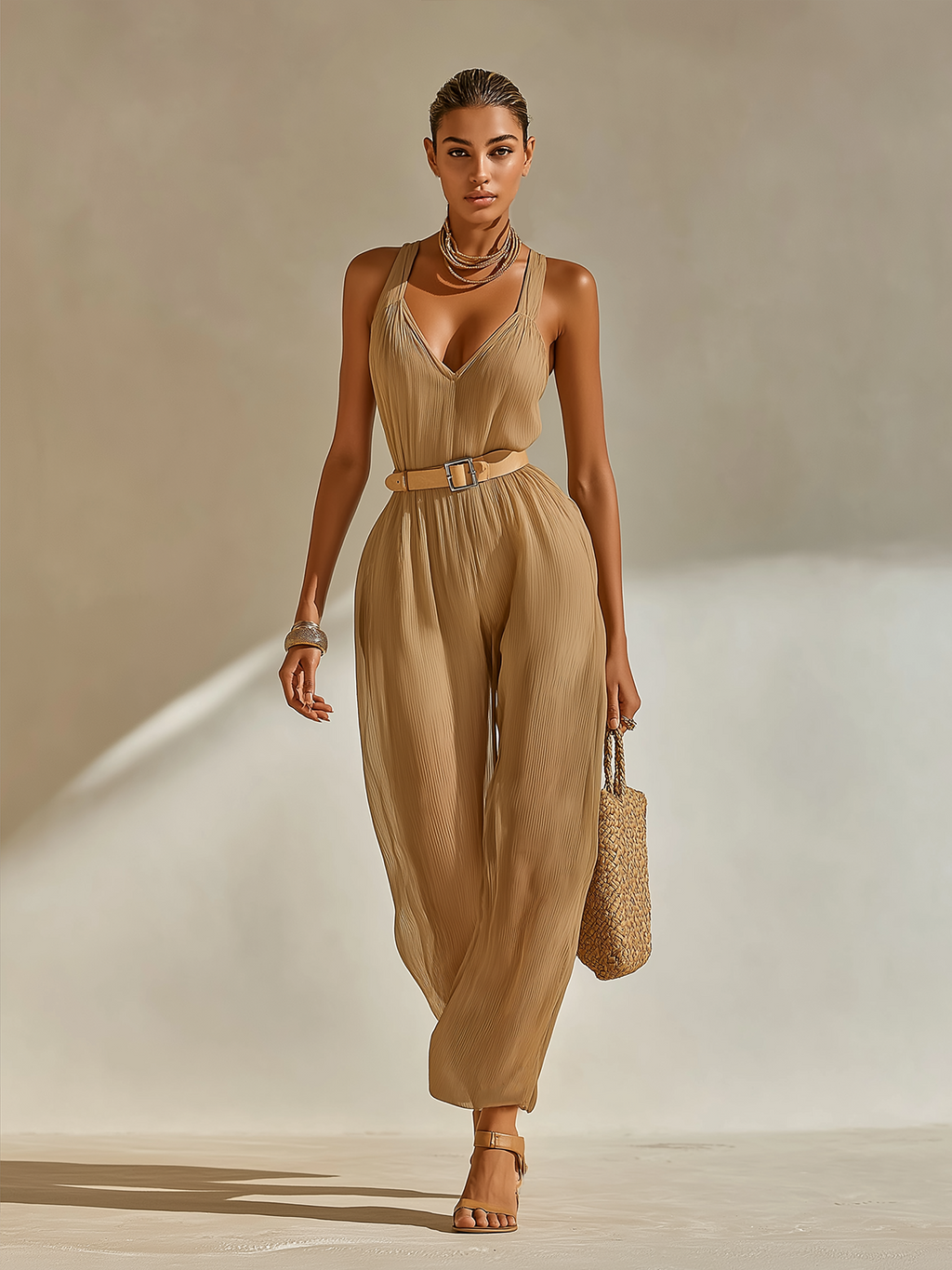 Chic Casual Camel Strappy V-Neck Sleeveless Belt Tailored Waist Wide Leg Chiffon Jumpsuit