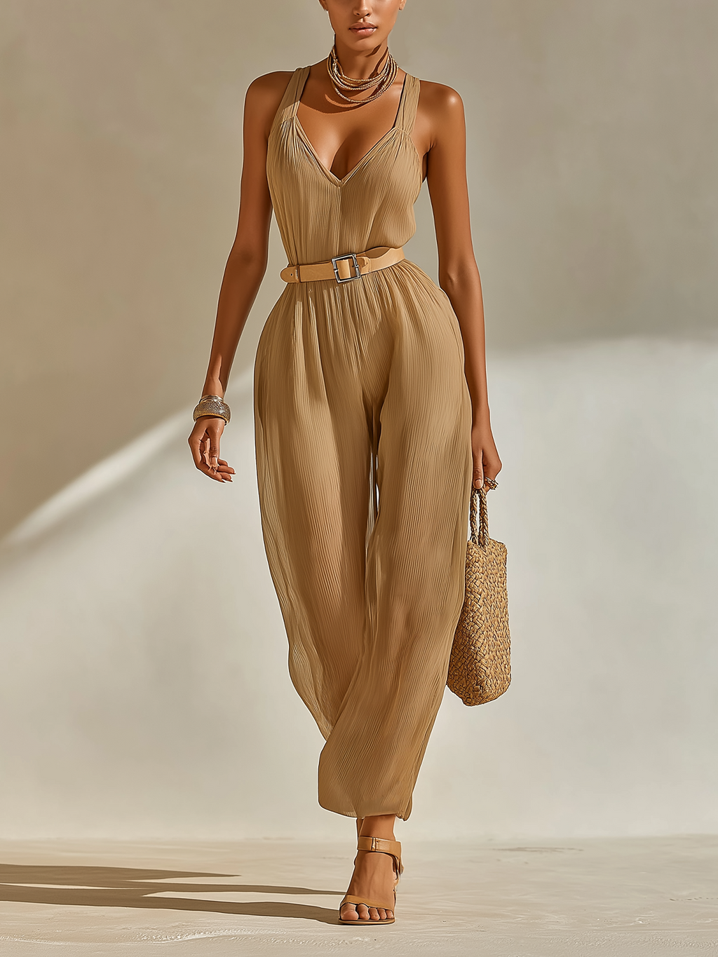 Chic Casual Camel Strappy V-Neck Sleeveless Belt Tailored Waist Wide Leg Chiffon Jumpsuit