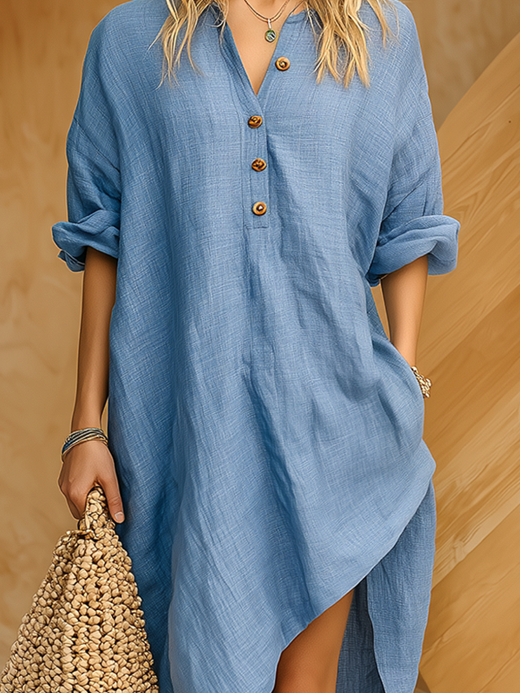 Chic Casual Blue Stand Collar Button-Front Half-sleeve Asymmetric Hem Loose Cotton-Linen Midi Dress