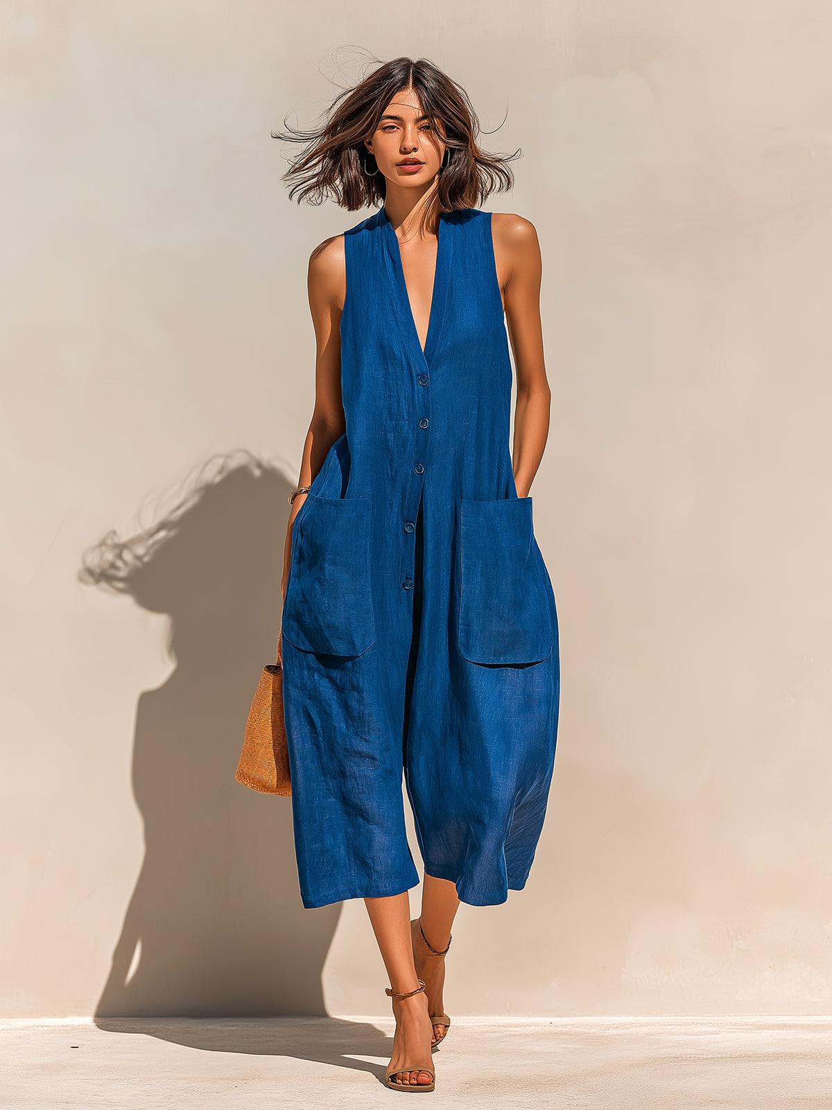 Chic Casual Royal Blue Linen Blend V-Neck Sleeveless Button-Front Patch Pockets Oversize Wide-Leg Jumpsuit