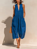 Chic Casual Royal Blue Linen Blend V-Neck Sleeveless Button-Front Patch Pockets Oversize Wide-Leg Jumpsuit