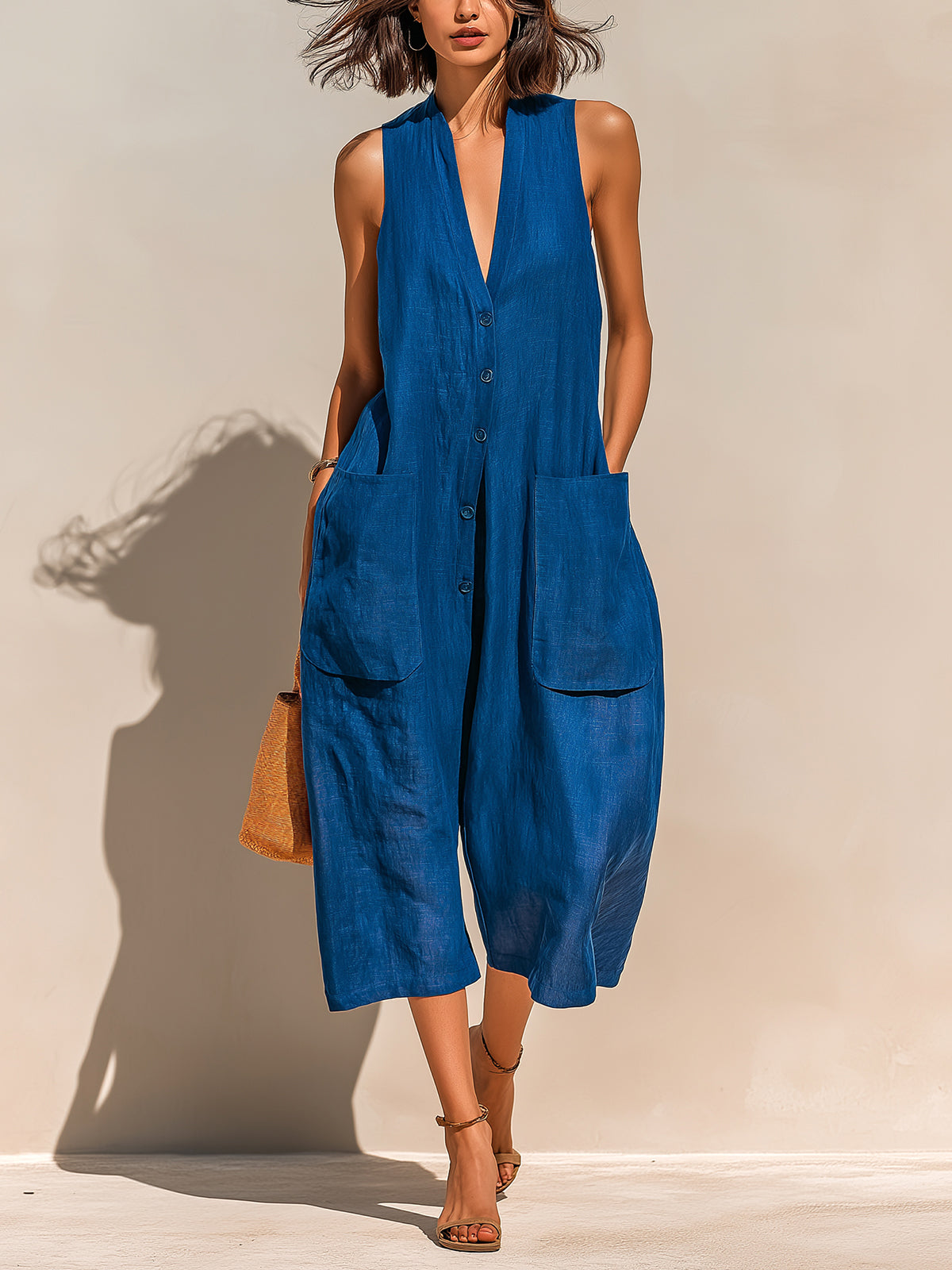 Chic Casual Royal Blue Linen Blend V-Neck Sleeveless Button-Front Patch Pockets Oversize Wide-Leg Jumpsuit