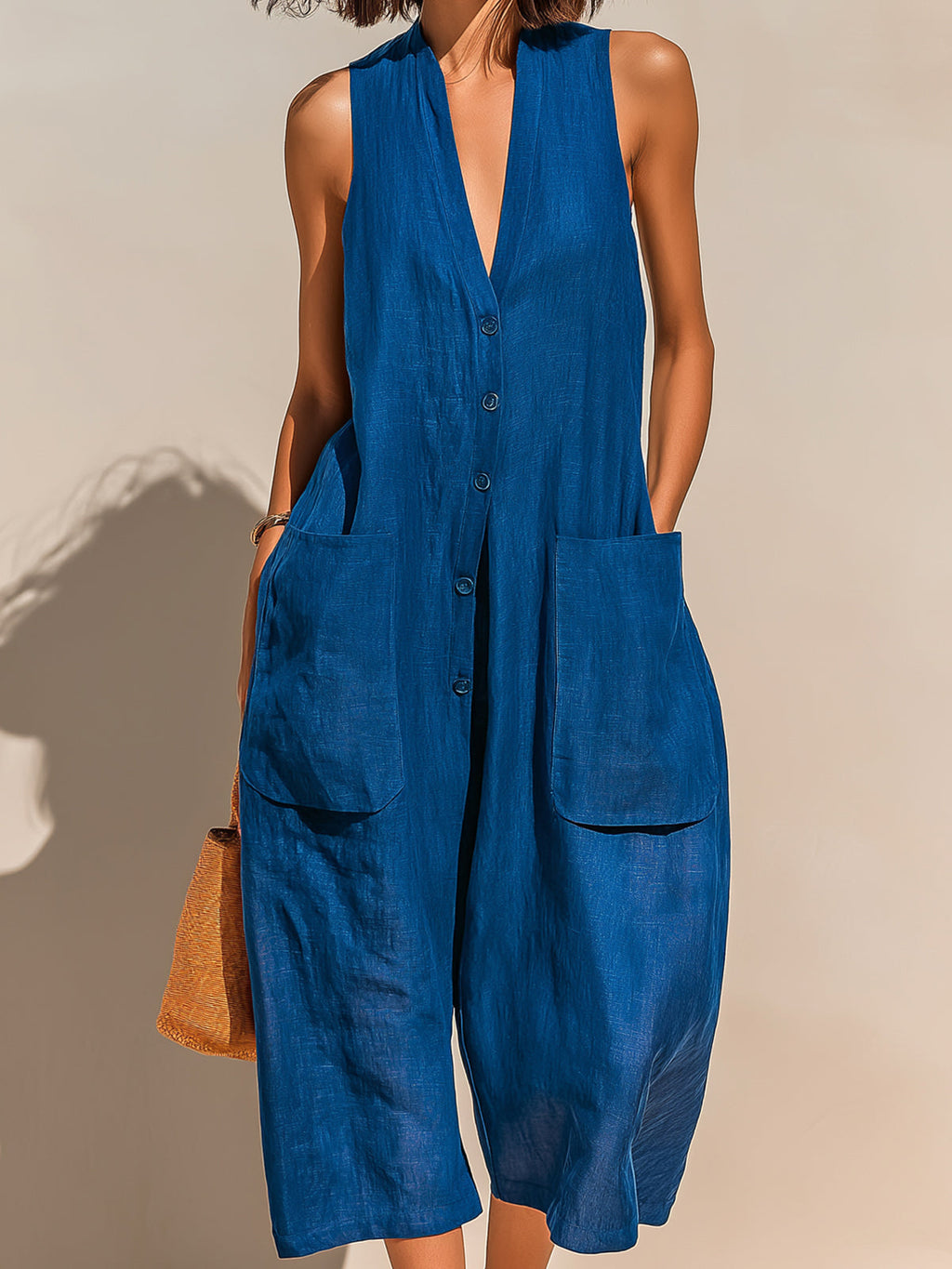 Chic Casual Royal Blue Linen Blend V-Neck Sleeveless Button-Front Patch Pockets Oversize Wide-Leg Jumpsuit