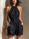 Chic Casual Black Linen Blend Round-Neck Sleeveless Belted Patch Pockets Loose-Fit Romper