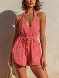 Chic Casual Red-White Plaids Cotton Blend Halter V-Neck Sleeveless Button-Front Drawstring Waist Loose-Fit Romper
