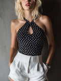 Chic Casual Black-White Dots Jacquard Halter Cutout Detail Sleeveless Slim-Fit Knit Camisole