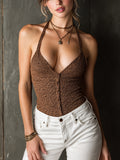 Chic Casual Leopard Jacquard Halter V-Neck Button-Front Sleeveless Slim-Fit Knit Camisole