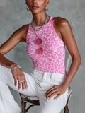 Chic Casual Hot Pink-White Leopard Jacquard Round-Neck Sleeveless Slim-Fit Knit Tank Top