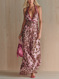 Chic Elegant Pink Leopard Print Halter Deep V-Neck Contrast Binding Sleeveless  A-Line Crinkled Chiffon Maxi Dress