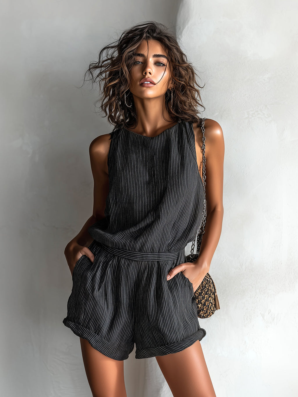 Chic Casual Black Stripe Linen Blend Boat-Neck Sleeveless Tailored-Waist Loose-Fit Romper