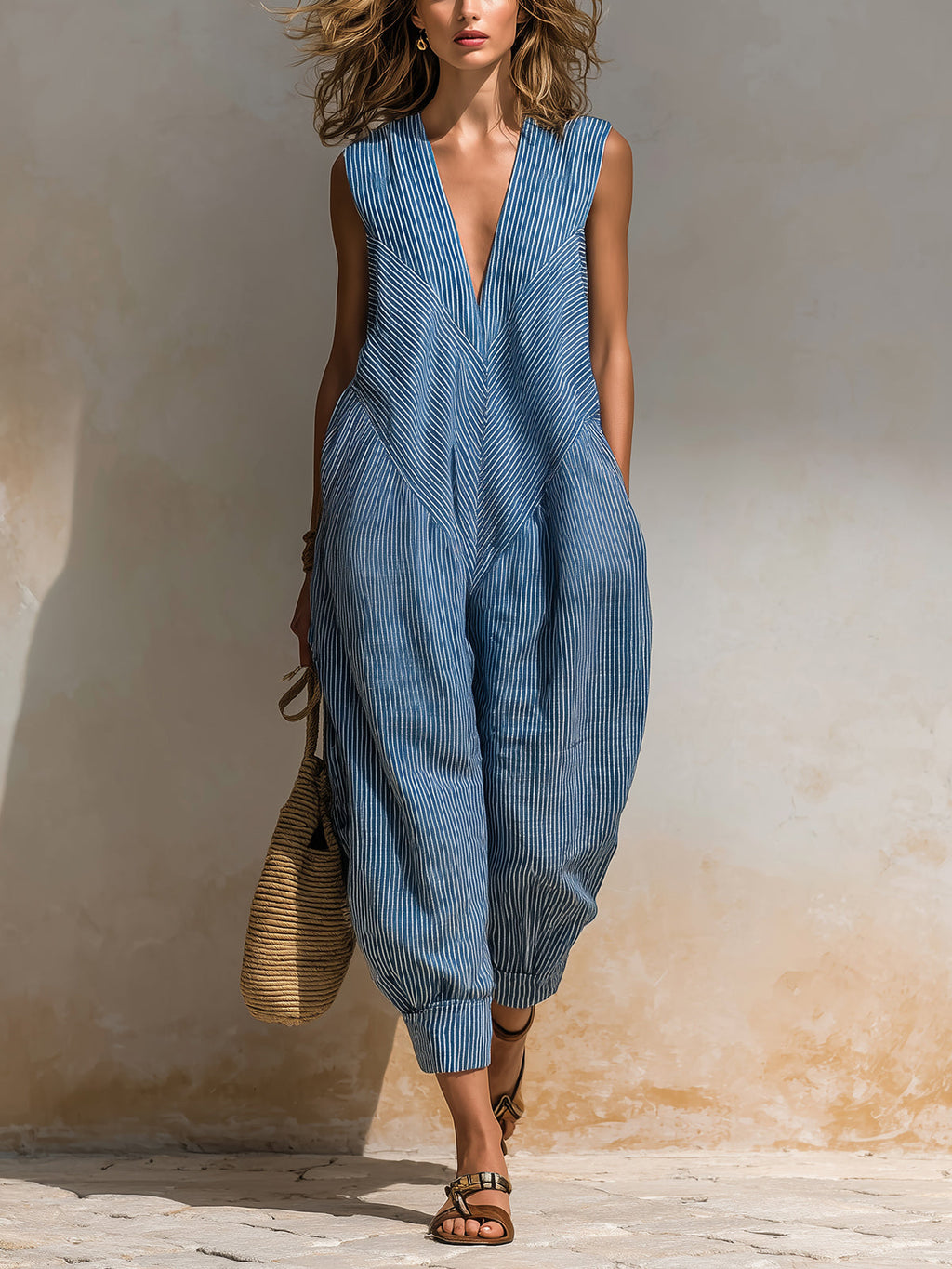Chic Casual Blue-White Stripe Cotton-Linen Blend V-Neck Sleeveless Patchwork Loose-Fit Cuffed Jumpsuit