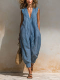Chic Casual Blue-White Stripe Cotton-Linen Blend V-Neck Sleeveless Patchwork Loose-Fit Cuffed Jumpsuit