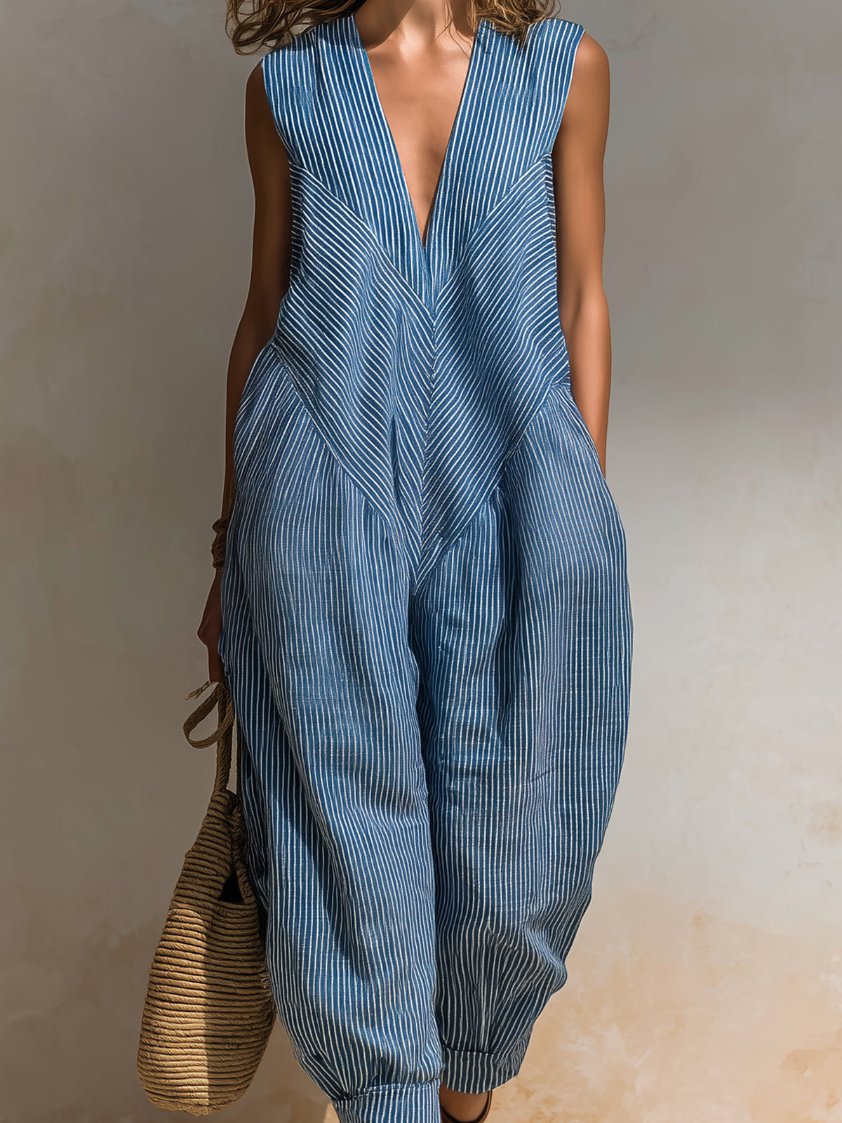 Chic Casual Blue-White Stripe Cotton-Linen Blend V-Neck Sleeveless Patchwork Loose-Fit Cuffed Jumpsuit