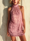 Chic Elegant Pink Leopard Print Mock-Neck Lace Trim Sleeveless Loose-Fit Chiffon Mini Dress
