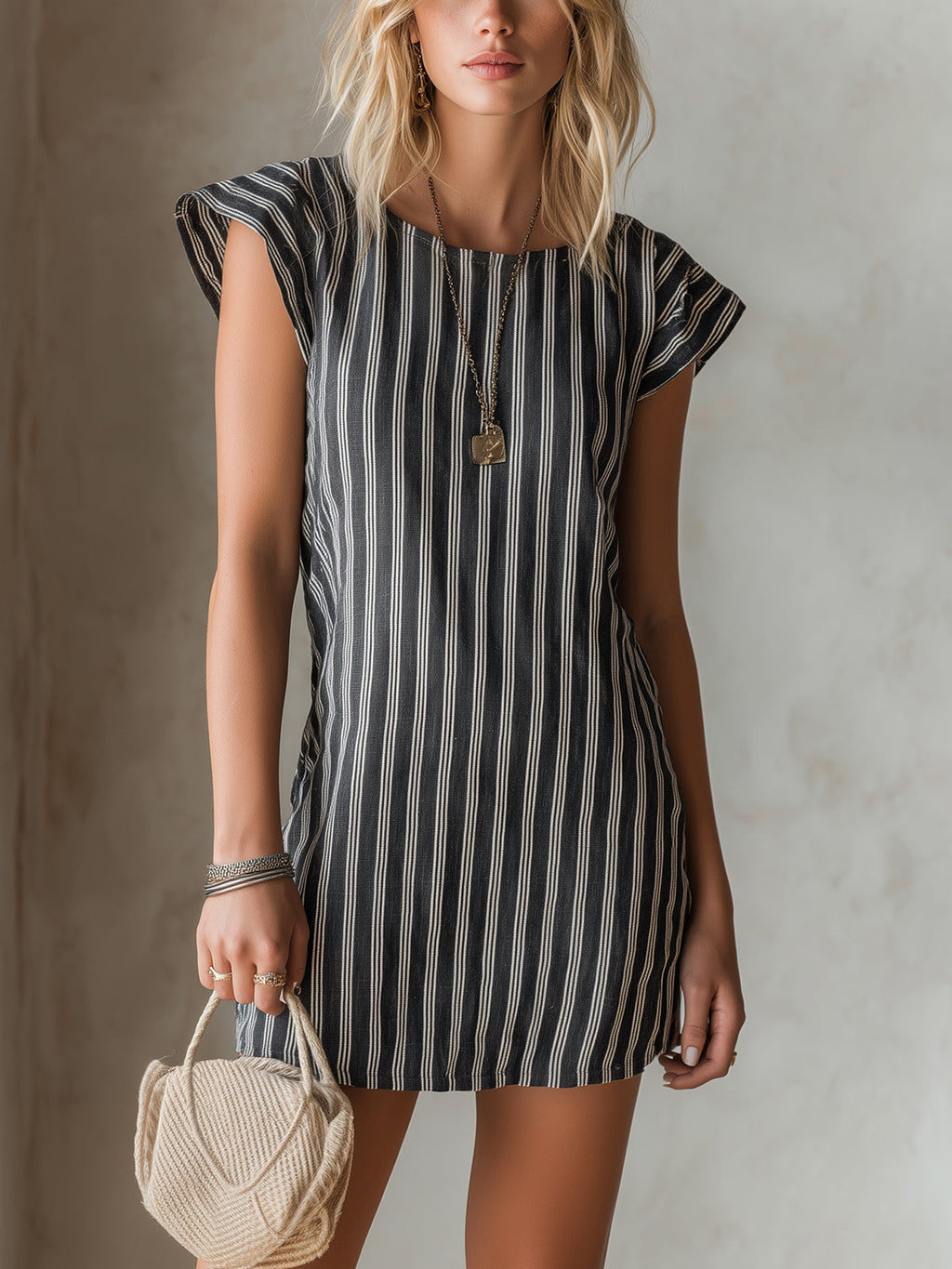 Chic Elegant Black Stripes Linen Blend Round-Neck Flare-Sleeve A-Line Mini Dress