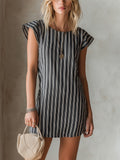 Chic Elegant Black Stripes Linen Blend Round-Neck Flare-Sleeve A-Line Mini Dress