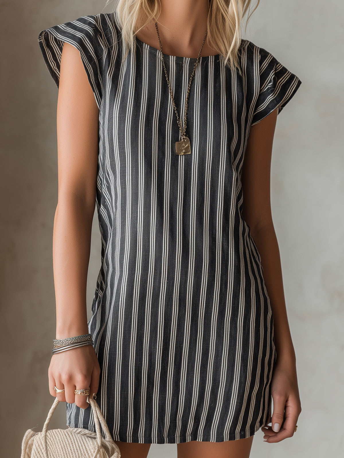 Chic Elegant Black Stripes Linen Blend Round-Neck Flare-Sleeve A-Line Mini Dress