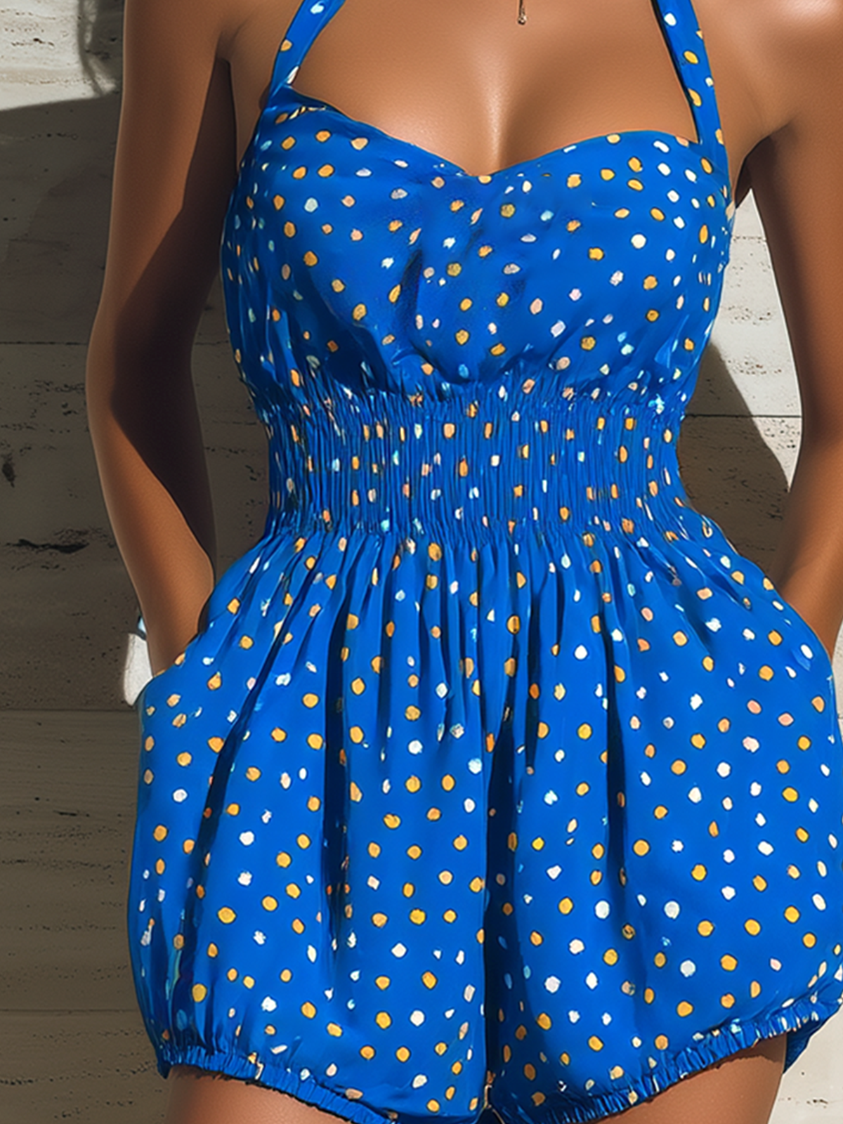 Chic Elegant Royal Blue Polka Dot Print Halter V-Neck Sleeveless Tailored-Waist Cotton Blend Romper