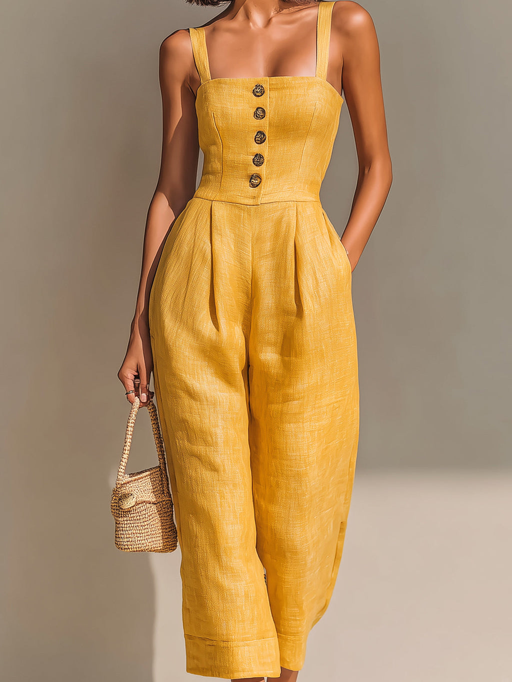 Chic Casual Yellow Linen Blend Strappy Sleeveless Button-Up Square-Neck Tailored-Waist Wide-Leg Jumpsuit