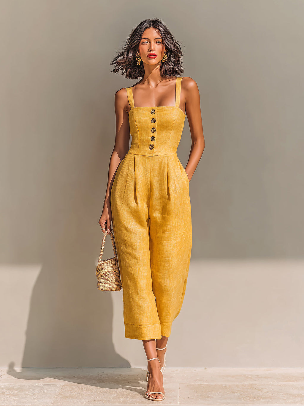 Chic Casual Yellow Linen Blend Strappy Sleeveless Button-Up Square-Neck Tailored-Waist Wide-Leg Jumpsuit