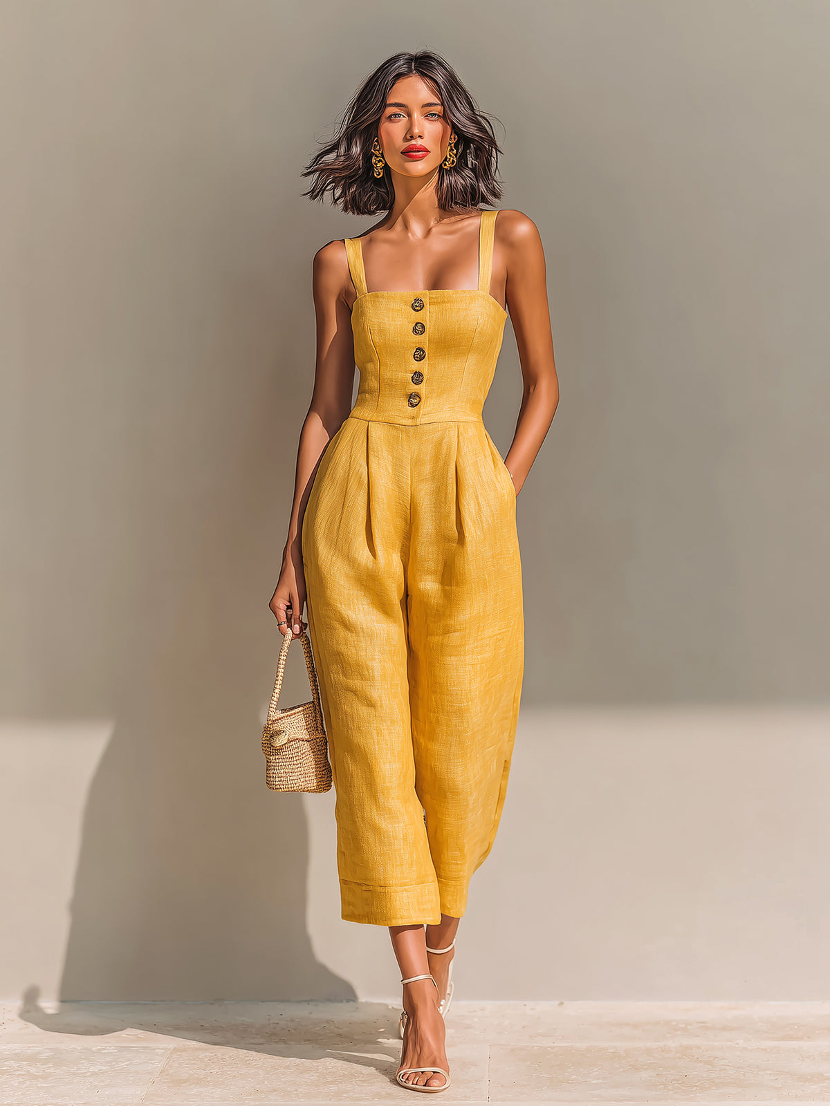 Chic Casual Yellow Linen Blend Strappy Sleeveless Button-Up Square-Neck Tailored-Waist Wide-Leg Jumpsuit