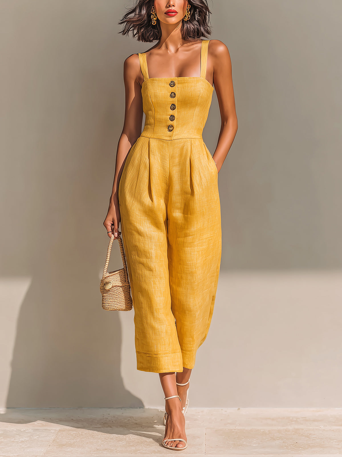 Chic Casual Yellow Linen Blend Strappy Sleeveless Button-Up Square-Neck Tailored-Waist Wide-Leg Jumpsuit