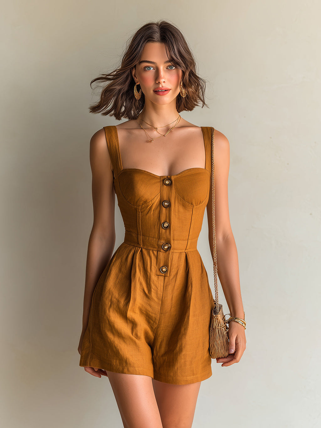 Chic Casual Caramel-Brown Linen Strappy Sleeveless Square-Neck Button-Front Tailored-Waist Romper