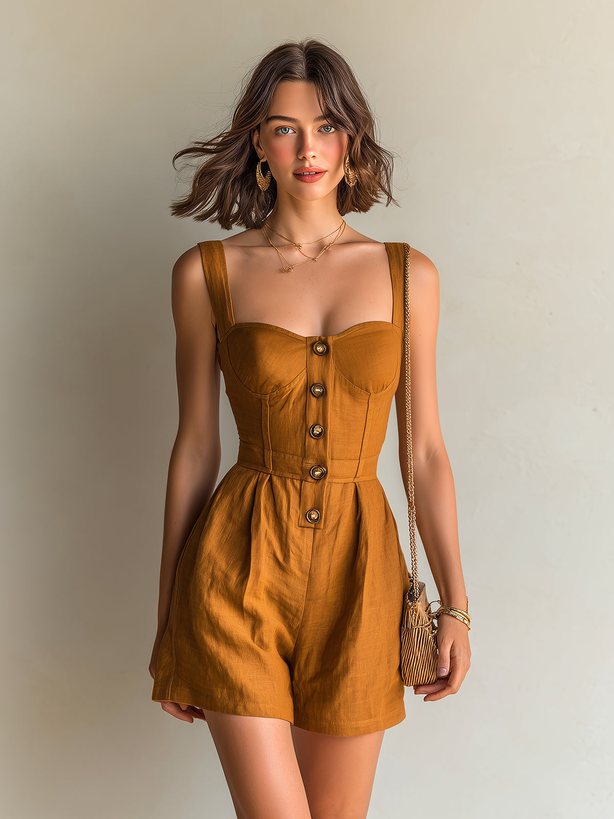Chic Casual Caramel-Brown Linen Strappy Sleeveless Square-Neck Button-Front Tailored-Waist Romper