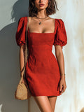 Chic Elegant Red Linen Blend Square-Neck Short-Lantern-Sleeve Tailored-Waist Slim-Fit Mini Dress